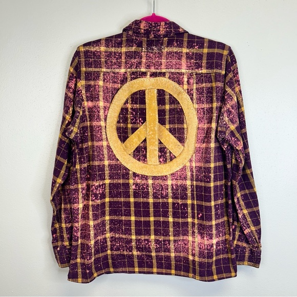 Peace Sign Boho Hippie Purple Yellow Festival Flannel Casual Womens M Upcycled - Picture 3 of 13